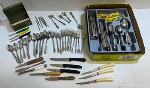lot 150 image: Group Of Misc. Silverware And More (Including Recipe Box With Recipe Cards)