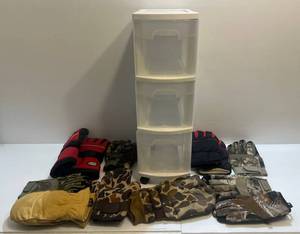 lot 178 image: Three Drawer Storage Tote Filled With Misc. Gloves Some New