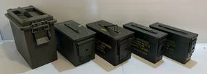 lot 227 image: Five Misc. Ammo Boxes 1 Plastic 2 Small Metal 2 Large Metal