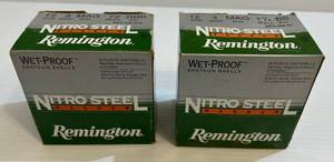 lot 236 image: 2 Boxes Of 12 ga. Remington Nitro-Steel Magnum 12 Ga. Shotgun Shells 1  3 Mag Dram Eq. 72 Pellets BBB Shot 1 3 Mag. Eq. 1 14 Oz. BB Shot (Full)