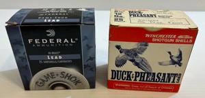 lot 238 image: Two Misc. Boxes Of 12 Ga. Shotgun Shells 1 Federal ( Game-Shok) 2 34 1 14 Oz. 6 Shot Hi- Brass Lead 3 34 Dram Eq. Muz Vel 1330 FPS (Full Box)  1 Winchester Duck & Pheasant 2 34 1 14 Oz. 4 Shot (Full Box)