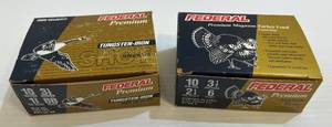 lot 243 image: 2 Vintage Boxes Of Federal 10 Ga. Shot Shells 1 Premium Tungston-Iron 3 12 1 38 Oz. BB Shot (8 Shells) 1 Premium Turkey Shot 3 12 2 14 Oz. 6 Shot (Full Box 10 Shells)