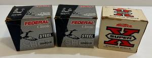 lot 245 image: 3 Boxes Of Misc. 10 Ga. Shot Shells 1 Federal Classic Magnum 3 12 1 58 Oz. BBB Steel Shot (12 Shells) 1 Federal Classic Magnum 3 12 83 Pellets T ( 21 Shells) 1 Vintage Western Super X 2 78 1 58 Oz. 4 Shot (Full Box)