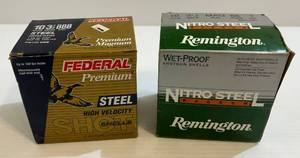 lot 246 image: 2 Misc. Boxes Of 10 Ga. Shot Shells 1 Remington Wet-Proof NitroSteel Magnum 3 12 Mag. 88 Pellets T Shot (Full Box 25 Shells) 1 Federal Premium Magnum 3 12 BBB Shot 1 38 Oz. (Full Box 25 Shells)