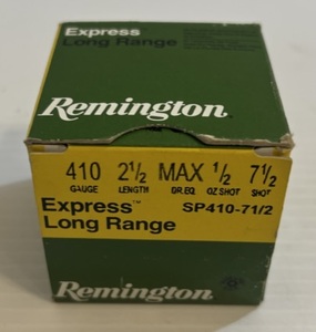 lot 249 image: Box Of Remington Express Long Rang  .410 Ga. 2 12 Max Dr Eq. 12 Oz. 7 12 Shot (Full Box 25 Shells)