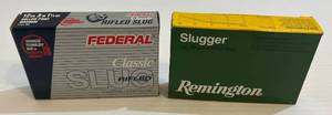 lot 256 image: 2 Misc. Boxes Of 12 Ga. Shells 1 Federal Classic Rifled Slug 3 1 14 Oz. Hollow Point Magnum (Full Box 5 Shells) 1 Remington Slugger 3 Magnum 1 Oz. Rifled Slug (Full Box 5 Shells)
