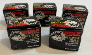 lot 258 image: 5 Boxes Of Wolf Performance Ammunition 7.62 x 39mm 122 Gr. HP Steel Case Non-Corrosive Berdan Primed (20 Cartridges Per Box  100 Total Rounds)