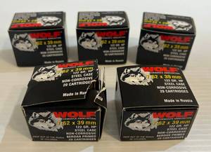 lot 261 image: 5 Boxes Of Wolf Performance Ammunition 7.62 x 39mm 122 Gr. HP Steel Case Non-Corrosive Berdan Primed (20 Cartridges Per Box  100 Total Rounds)