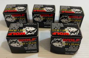 lot 262 image: 5 Boxes Of Wolf Performance Ammunition 7.62 x 39mm 122 Gr. HP Steel Case Non-Corrosive Berdan Primed (20 Cartridges Per Box  100 Total Rounds)