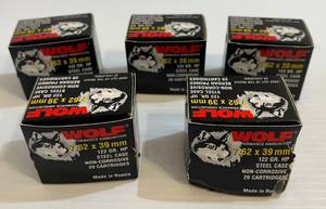 lot 263 image: 5 Boxes Of Wolf Performance Ammunition 7.62 x 39mm 122 Gr. HP Steel Case Non-Corrosive Berdan Primed (20 Cartridges Per Box  100 Total Rounds)