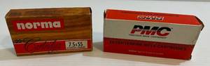 lot 264 image: Misc. Boxes Of Rifle Cartridges 1 PMC 7.62B 7.62 x 39mm 125 Gr. PSP. (14 Cartridges) 1 Norma 7.5 x 55 Swiss 180 Grains Soft Point (Full Box 20 Cartridges)