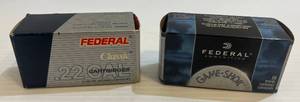 lot 280 image: 2 Boxes Of Federal .22 Cal. Ammunition 1 Game-Shok Long Rifle Bird Shot 25 Gr. No. 12 Lead Shot 716 (Full Box  50 Rounds) 1 Federal Classic .22 Win. Mag. 50 Gr. Jacketed HP (38 Rounds Total)