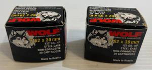 lot 285 image: 2 Boxes Of Wolf Performance Ammunition 7.62 x 39mm 122 Gr. HP Steel Case Non-Corrosive Berdan Primed (20 Cartridges Per Box  40 Rounds)