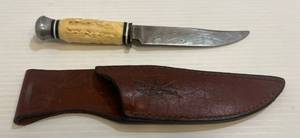 lot 288 image: Vintage Pic Soligen Germany Stag Antler Hunting Knife With Leather Sheath 5 18 Blade