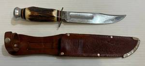 lot 289 image: Vintage Edge Brand 473 Soligen Germany Fixed Blade Stag Hunting Knife & Sheath 6 Blade
