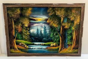 lot 310 image: Framed Vintage Black Velvet Landscape Picture 27 x 39 Signed MEZA