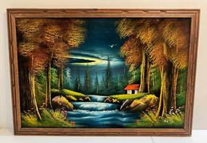 lot 311 image: Framed Vintage Black Velvet Landscape Picture 27 x 39 Signed MEZA
