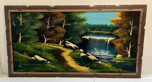 lot 312 image: Large Framed Vintage Black Velvet Landscape Picture 225 34 x 48 34 Signed MUM