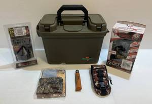 lot 319 image: Misc. Hunting Items Including Plastic Flambeau Shell Box, Razor X 10 Lightsout Trail Cam, Predator Stalker And More