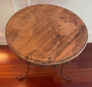 lot 298 image: Wooden Top Accent Table with Ornate Metal Base