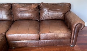 lot 27C image: Ethan Allen Brown Leather Sectional Sofa