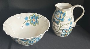 lot 90 image: Maxcera Blue Jacquard Rouge Floral Pitcher and Bowl