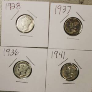 lot 40 image: 4 Mercury Head Silver Dimes 1928, 1936, 1937, 1941