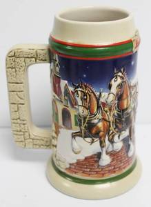 lot 93 image: 1998 Budweiser Holiday Ceramic Beer Stein 7 Long