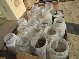 lot 37 image: Canning Jars, Cheese Crock, Bell