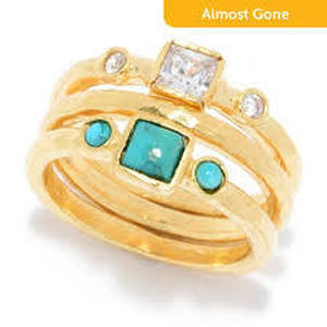Golden Odyssey for Brilliante Simulated Diamond & Turquoise Set of 3 Stack Rings - Size 7