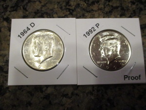 lot 31 image: 1964-D Kennedy 90% Silver Half Dollar and 1992-P Proof Clad Half Dollar