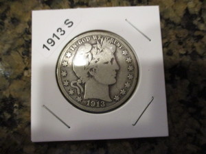 lot 44 image: 1913-S Barber Silver Half Dollar