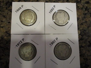 lot 47 image: 1892-P, 1907-P, 1909-P and 1912-P Barber Silver Quarters