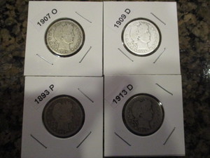 lot 48 image: 1893-P, 1907-O, 1909-D and 1913-D Barber Silver Quarters