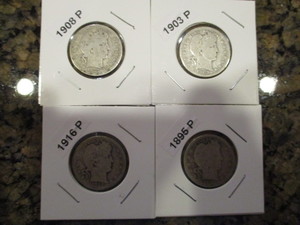 lot 49 image: 1895-P, 1903-P, 1908-P, and 1916-P Barber Silver Quarters