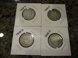 lot 50 image: 1899-P, 1906-D, 1908-D and 1909-S Barber Silver Quarters