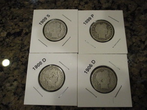 lot 51 image: 1901-P, 1902-P, 1908-O and 1916-D Barber Silver Quarters