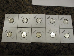 lot 52 image: Lot of (10) Mercury Silver Dimes Dates include 1934-D, 39-P, 41-P,D and S, 42-P, 43-D, 44-P and 45-P and S