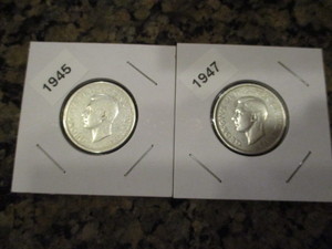 lot 60 image: 1945 (End of WW2) and 1947 Canadian Silver Quarters