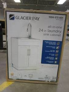 lot 8 image: Glacier Bay All-in-One Stainless Steel 24 in Laundry Sink with Faucet and Storage Cabinet in White - TOP BRACE NEEDS REPLACING (BROKEN DOWELS) OPEN BOX
