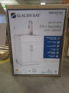 lot 19 image: Glacier Bay All-in-One Stainless Steel 24 in Laundry Sink with Faucet and Storage Cabinet in White - SLIGHT SCRATCH AND DENT - SOLD AS IS