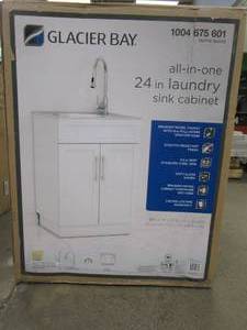 lot 20 image: Glacier Bay All-in-One Stainless Steel 24 in Laundry Sink with Faucet and Storage Cabinet in White - SLIGHT SCRATCH AND DENT, Cracked Bottom Brace Board - SOLD AS IS