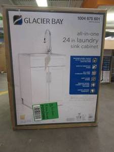 lot 22 image: Glacier Bay All-in-One Stainless Steel 24 in Laundry Sink with Faucet and Storage Cabinet in White - SCRATCH AND DENT, Cracks in Corners of Cabinet, Base and Sidewall Are Damaged- FOR PARTS OR RESTORE - SOLD AS IS