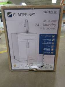 lot 23 image: Glacier Bay All-in-One Stainless Steel 24 in Laundry Sink with Faucet and Storage Cabinet in White - SCRATCH AND DENT, Cracked Top Brace Board and Base is Broken - FOR PARTS OR RESTORE - SOLD AS IS