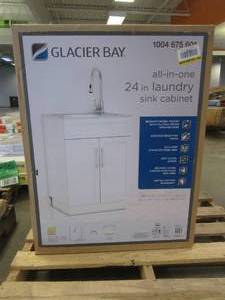lot 24 image: Glacier Bay All-in-One Stainless Steel 24 in Laundry Sink with Faucet and Storage Cabinet in White - SCRATCH AND DENT, HINGES OF 1 DOOR RIPPED FROM SIDEWALL - FOR PARTS OR RESTORE - SOLD AS IS