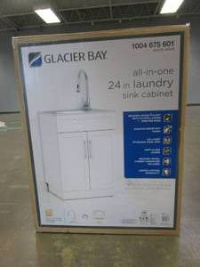 lot 26 image: Glacier Bay All-in-One Stainless Steel 24 in Laundry Sink with Faucet and Storage Cabinet in White - SCRATCH AND DENT, CRACKS IN SIDE WALLS - FOR PARTS OR RESTORE - SOLD AS IS
