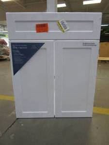 lot 28 image: Glacier Bay All-in-One Stainless Steel 24 in Laundry Cabinet in White CABINET ONLY - SCRATCH AND DENT, CRACKS IN SIDE WALLS  - FOR PARTS OR RESTORE - SOLD AS IS
