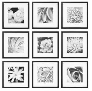 lot 77 image: Pinnacle 9-Opening Matted Picture Frames, Includes Nine 12 in. x 12 in. Frames with 8 in. x 8 in. White Mats.