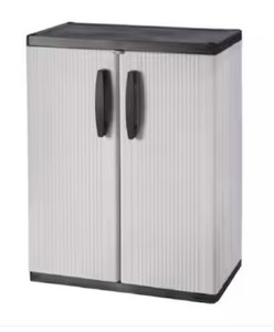 lot 84 image: HDX 256902 Plastic Freestanding 2-Shelf Garage Base Cabinet 27 in. W x 39 in. H x 15 in. D in Gray, OPEN BOX