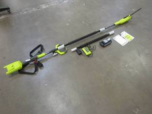 lot 94 image: RYOBI 40V 10 in. Cordless Battery Pole Saw with 2.0 Ah Battery and Charger, Chain needs to be tightened, WORKS, SLIGHTLY USED.